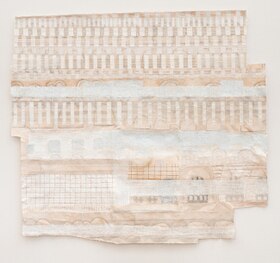 Drew Shiflett, Untitled #98, watercolor, graphite, canvas, canvas threads, cheesecloth and handmade paper, 52" x 57" x 1", 2023. Drew Shiflett Untitled98 2023.jpg