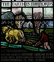 Detail from S.Matthew window in S.Margaret, Leiston, Suffolk, showing the Minsmere marshes and ruined chapel