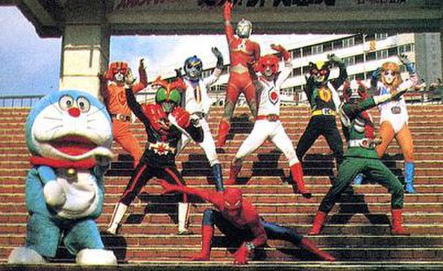 Protagonists of the popular tokusatsu franchises mostly of the late 1970s (from back to front, left to right): Ultraman Joneus (Ultra Series), Battle 