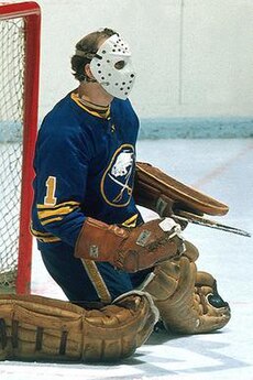 Roger Crozier lleva una camiseta predominantemente azul, máscara blanca, junto con un guante marrón, bloqueador y almohadillas.  Está arrodillado sobre el hielo mientras sostiene un palo de portero.  Ubicado en el medio de su camiseta, está el logo de los Sabres, que consiste en un búfalo encima de dos sables cruzados.