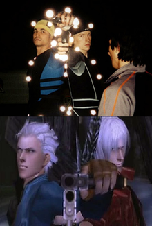 A comparison between the motion capture and the results in the game. Reuben Langdon and Daniel Southworth provided their voice and moves for Dante and Vergil, respectively. DevilMayCry3motion.png