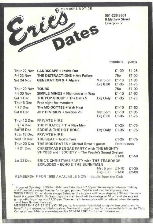 An Eric's Club gig flyer from 1979 depicting Nightmares in Wax as the supporting act for Simple Minds.