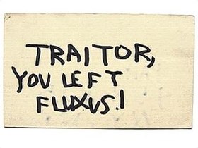Traitor, you left Fluxus!, a postcard sent by George Maciunas to Nam June Paik, c late 1964, after the latter's involvement with Stockhausen's Originale FluxusTraitor.jpg