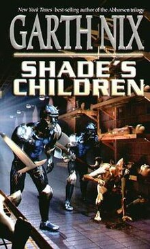 The cover of this softcover edition is an artist's depiction of two Myrmidons and a Tracker in the Meat Factory. Shade'sChildren2.jpg