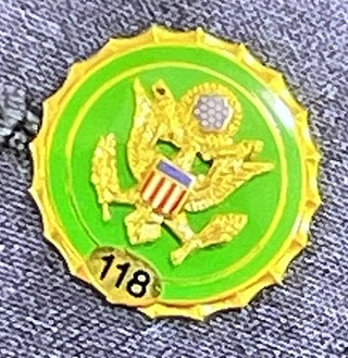 A small pin held onto an article of clothing with a Congressional seal on it