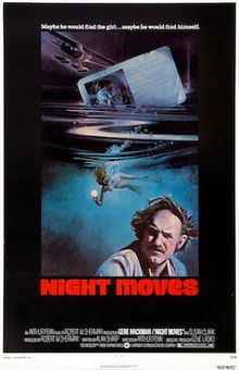 A small seaplane is about to land on water in the background. A paper card, which is the private investigator's license for Harry Moseby, is partially immersed in the water in the foreground. The face of Gene Hackman, who played Harry Moseby, is superposed, as is the text "What private eye Harry Moseby doesn't know about the girl he's looking for .... just might get him killed".