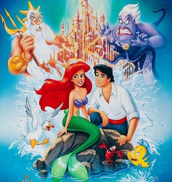 A promotional image of the principal characters from the film. From left to right: King Triton, Scuttle, Ariel, Prince Eric, Sebastian, Ursula, and Fl