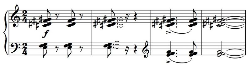 Example of piano tone clusters creating secundal chords, especially in the left hand (bottom) part, which features three notes each a second apart.