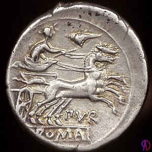 New denarius reverse design: Luna driving a biga, 169–158 BC. RRC 187/1