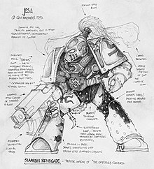 Concept art for a 2nd edition Chaos Space Marine of the Emperor's Children Legion (Jes Goodwin, 1990). Emperors Children Concept Art 1990.jpg