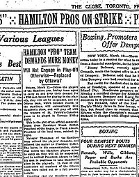 The Globe reporting the players' strike on its edition of March 13, 1925 Hamilton-pros-on-strike.jpg