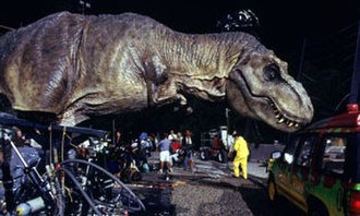 The life-sized animatronic Tyrannosaurus rex on the set. It is the largest sculpture ever made by Stan Winston Studio.