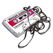 A cartoon drawing of an unspooled cassette tape