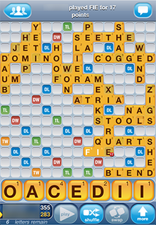 An iPhone Words with Friends game in progress. The opponent has just played FIE, in the process also forming the word QI, for a score of 17 points. WordsWithFriends Screenshot.png