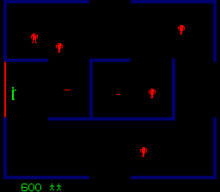 The green player has just entered a room with five red robots (arcade). ARC Berzerk.png