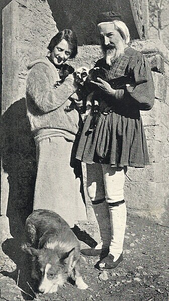 Wife Susan Glaspell with Cook wearing his fustanella. Pictured also is Cook's dog from which he contracted a fatal disease.