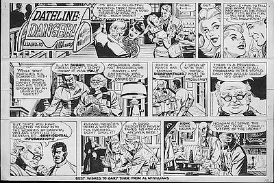 Original black-and-white art for the Dateline" Danger! color comic strip of Sunday, March 16, 1969. The series' co-star, Danny Raven, was the first African-American lead character of a comic strip. Dateline Danger! 03-16-1969.jpg