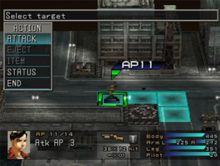 The player chooses an action for one of their wanzers during battle gameplay. Front Mission 3 Screenshot.png