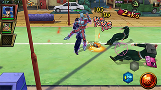 The player, here as Josuke (left), completes stages by knocking out enemies. JoJo Diamond Records gameplay.png