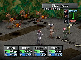 The player's party (here consisting of Maya, Katsuya, Ulala, and Baofu) fights enemy demons in turn-based battles. Persona 2 EP gameplay.jpg