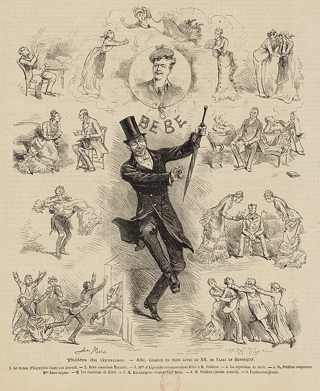 Black and white drawings of stage production: the main image is a man in top hat and morning coat dancing and brandishing a furled umbrella