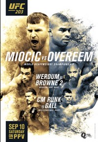 A poster or logo for UFC 203: Miocic vs Overeem.
