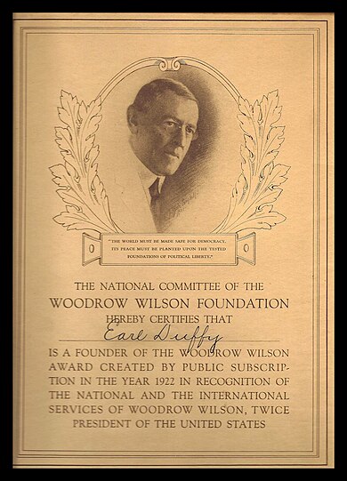 Engraved certificate given by the Woodrow Wilson Foundation to donors to its 1922 endowment fund drive. Woodrow-Wilson-Foundation-certificate.jpg