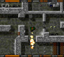 The flamethrower can be purchased with collected credits. On the top right is an Intex terminal, and two keys and an ammunition clip are scattered in the rooms on the right and above. Alien Breed Amiga screenshot.png