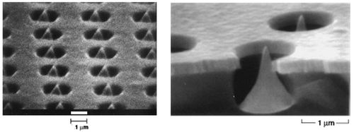 Magnified pictures of a field emitter array (SEM photograph of an SRI Ring Cathode developed for the ARPA/NRL/NASA Vacuum Microelectronics Initiative by Capp Spindt) Fig218 Field Emitter Array.PNG