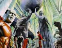 Superheroes gather inside the Fortress of Solitude in Justice, art by Alex Ross. Fortress of Solitude (Justice).png