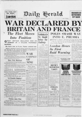 The cover of the Daily Herald detailing the start of the Second World War