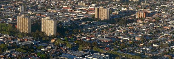 Aerial view of Collingwood looking south west toward Victoria Parade; Hoddle Street (left) and Smith Street on (top right)