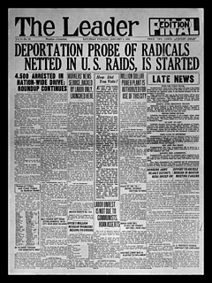 Front page of the Milwaukee Leader, Jan. 3, 1920, detailing the aftermath of the Palmer Raids. Leader-200103.jpg