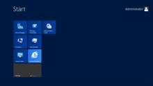 Windows Server 2012 Start screen, with tools used in a server pinned on the Start screen by default. Start screen on Windows Server 2012.png