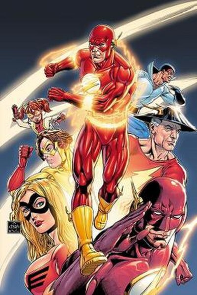 Characters who have associated with the name "The Flash": Barry Allen at the center, and counterclockwise from upper left are Iris West II, Bart Allen