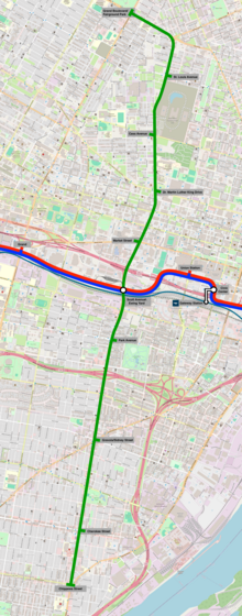 The proposed Green Line and existing light rail lines in St. Louis Green Line Jefferson Alignment OSM 2024.png