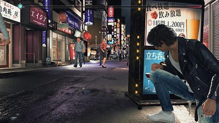 One of the game's "tailing" sections, with Yagami (right) following a person of interest