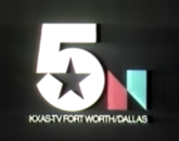 KXAS-TV's stylized "Star 5" logo has been used in some form since 1971 when the station was still WBAP-TV (it was originally displayed upright until 1999, and accompanied by a background based on the Texas flag from 1992 to 2012). This image, from 1978, is accompanied by NBC's 1976 trapezoid "N" logo.