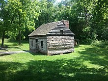 Reproduction enslaved workers' cabin, built in 2000 based on historical records and archeological data