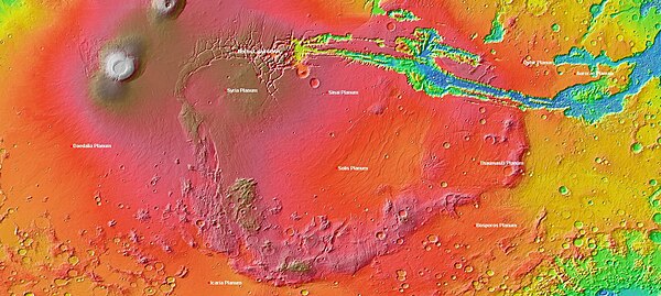MOLA topography of the Thaumasia Plateau (Syria-Thaumasia block) and southern Tharsis. The volcano shown at the left is Arsia Mons. Valles Marineris e