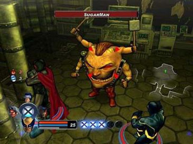 Gameplay from X-Men Legends II. Here the heroes battle Sugar Man