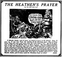 Believers in the "heathen" god Mumbo Jumbo are contrasted favorably with World War I-era Christendom in this March 1915 cartoon from The National Rip-Saw, a socialist monthly. 1503-tichenor-heathensprayer.jpg