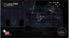 Mark of the Ninja places a high emphasis on stealth. Here the player can see how much noise throwing an item will cause, as represented by the circle. Should an enemy be within range they may be alerted to the player character's presence. Markoftheninja screenshot.png