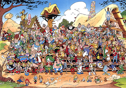 Some of the many characters in Asterix. In the front row are the regular characters, with Asterix himself in the centre.