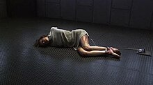 The Cylon Gina (Tricia Helfer) in shackles. The use of torture depicted in "Pegasus" has been the subject of analysis. BSG - Depiction of the torture of Cylon Gina Inviere 2x10 Pegasus.jpg