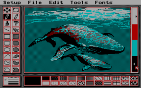 PCPaint in 320×200 CGA 3rd palette low intensity, showing a typical low resolution interface. Note the use of dithering to overcome the CGA palette limitations.