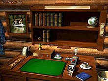 A virtual wooden desk, bookshelf, cup of coffee and other items