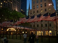 The flagpoles surrounding the Lower Plaza, with American flags on them