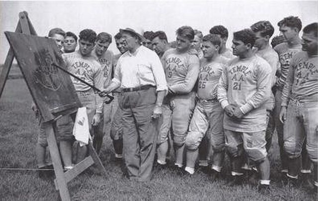 Coach Pop Warner giving a chalk talk to the team in 1937