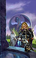 Goldmoon and Dhamon, with Khellendros at the back. Illustration by Matt Stawicki. DL GoldmoonAndDhamon.jpg